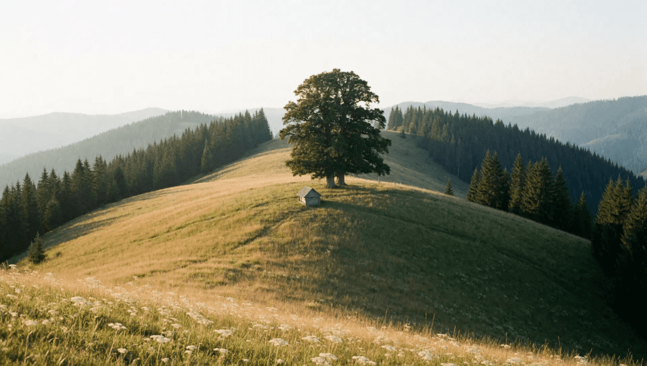Une cabane de bergers au sommet d'une colline, sous un grand arbre