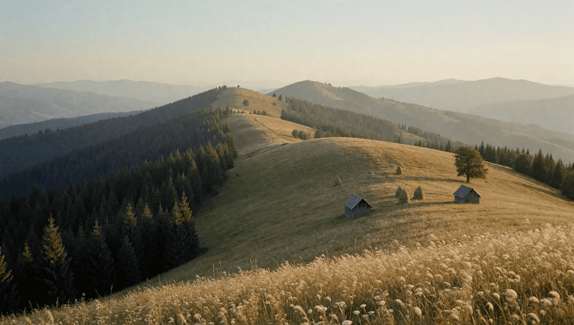 Une crête des Carpates au soleil couchant, des granges de bergers, des meules de foin et un chêne