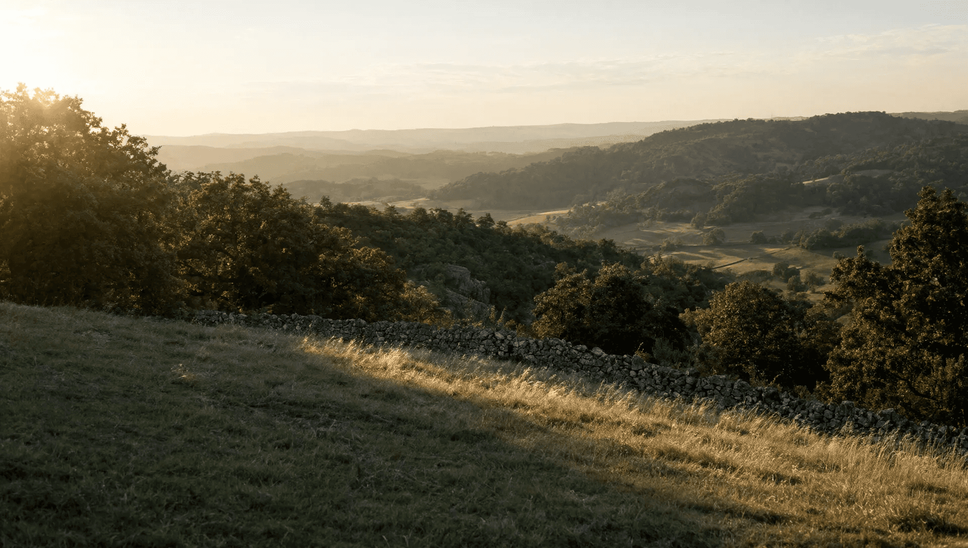 Une vallée du Limousin au soleil couchant, murets de pierre sèche, rochers de granit et chênes
